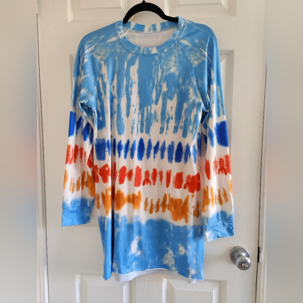 Tie Dye Long Sleeve Sweatshirt Dress, Blue, S